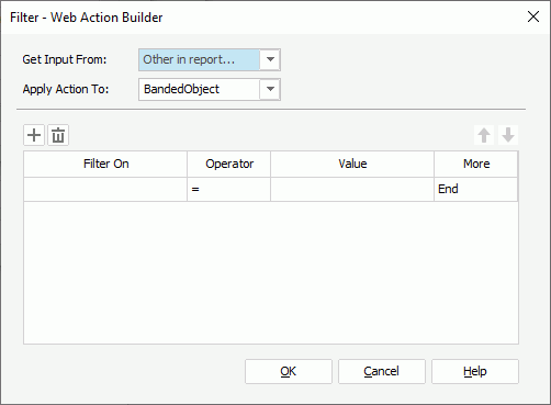 Filter - Web Action Builder dialog box for page report