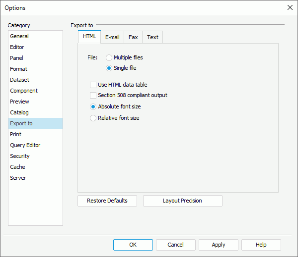 Options dialog box - Export to category - HTML tab