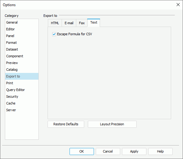 Options dialog box - Export to category - Text tab