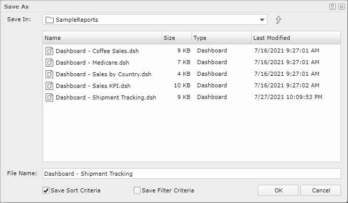 Save As dialog box - Dashboard