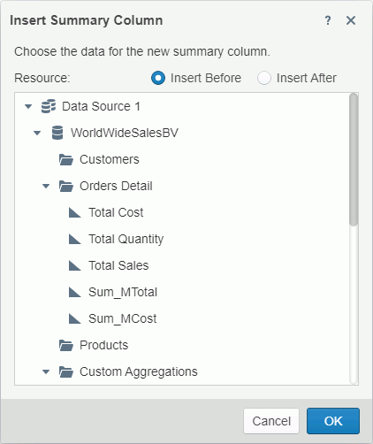 Insert Summary Column dialog box