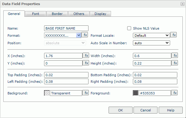 Data Field Properties dialog box - General tab