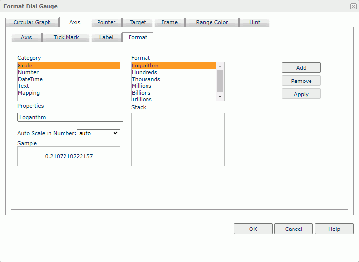 Format Dial Gauge dialog box - Axis - Format