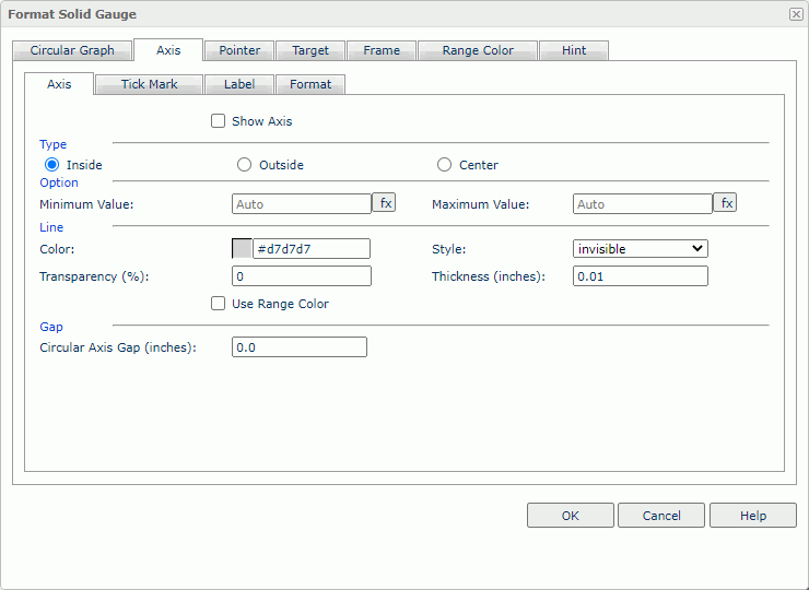 Format Solid Gauge dialog box - Axis - Axis tab