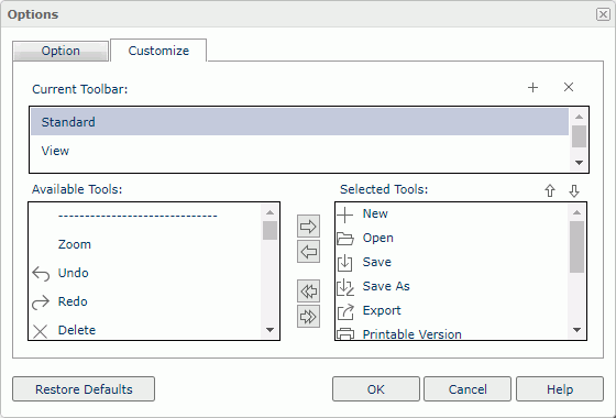 Options dialog box - Customize tab