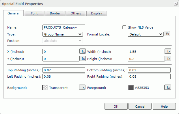 Special Field Properties dialog box - General tab