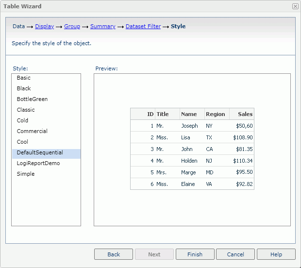 Table Wizard - Style screen