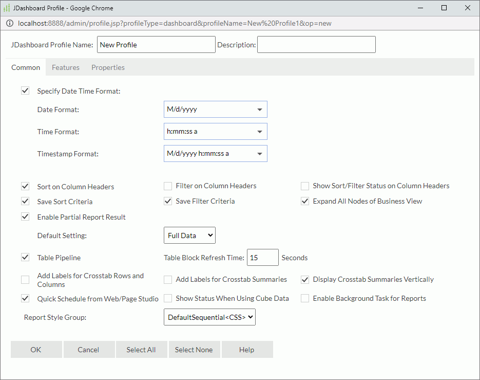 JDashboard Profile dialog box - Common tab