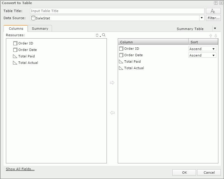 Convert To Table dialog - Columns tab