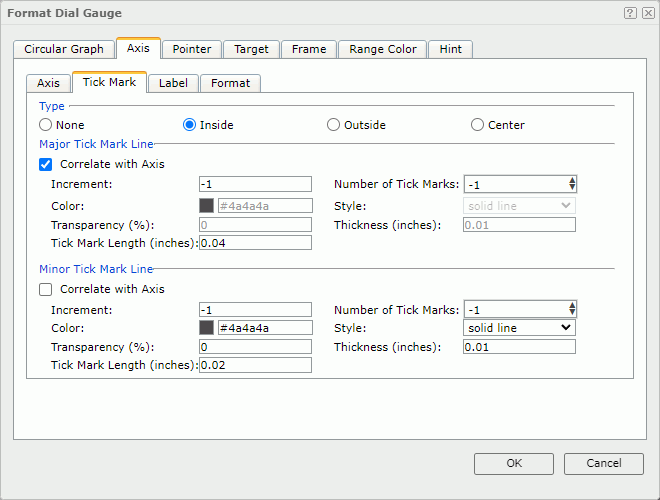 Format Dial Gauge dialog - Axis - Tick Mark