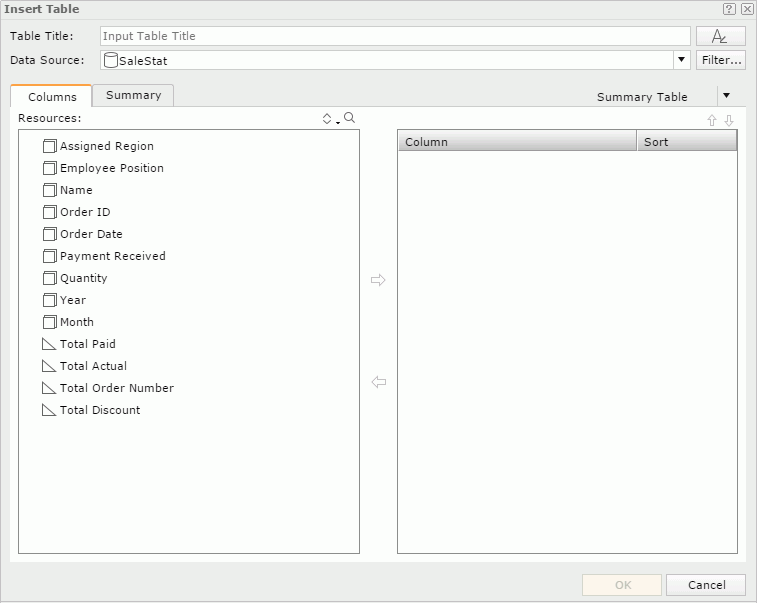 Insert Table dialog - Summary Table - Columns