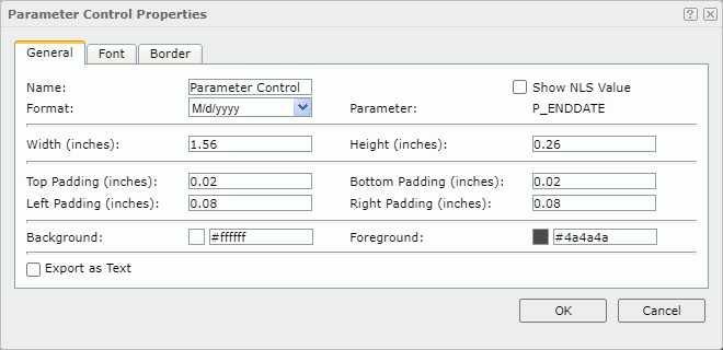 Parameter Control Properties dialog - General tab