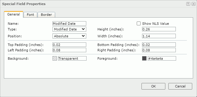 Special Field Properties dialog - General tab