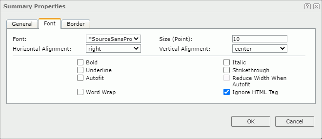 Summary Properties dialog - Font tab