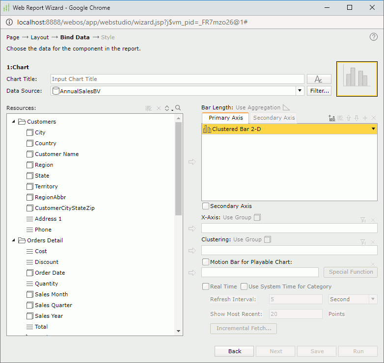 Web Report Wizard - Bind Data screen - Common Chart