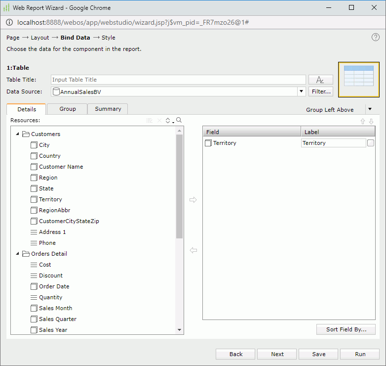 Web Report Wizard - Bind Data screen - Table