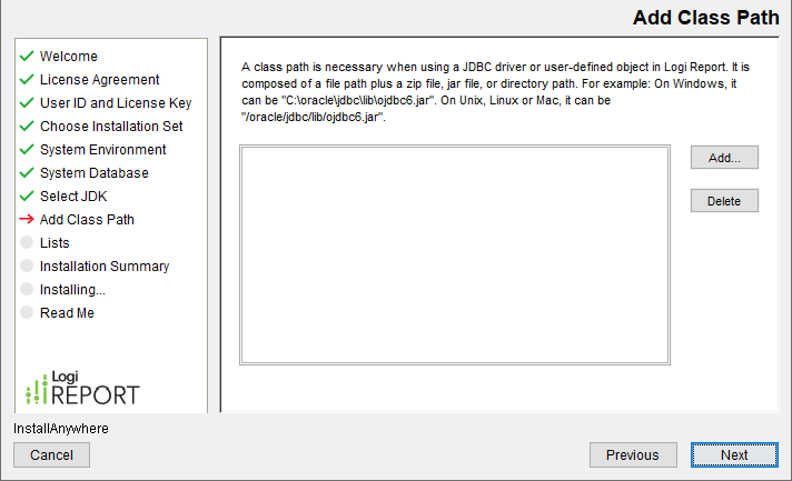 Report Server Installation wizard - Add Class Path screen