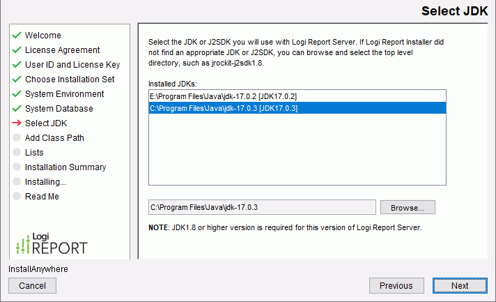 Report Server Installation wizard - Select JDK screen